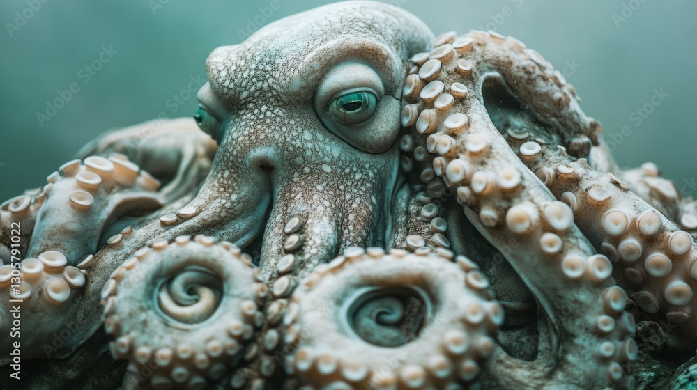 Obraz premium Octopus wrapping tentacles around underwater statue, soft diffused light, muted green and gray tones, and intriguing aquatic atmosphere, close-up shot.