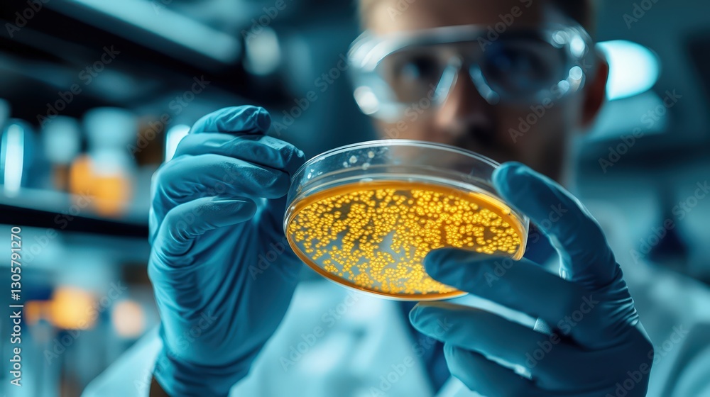 Obraz premium Microbiologist in lab holding petri dish with bacteria colonies, high resolution