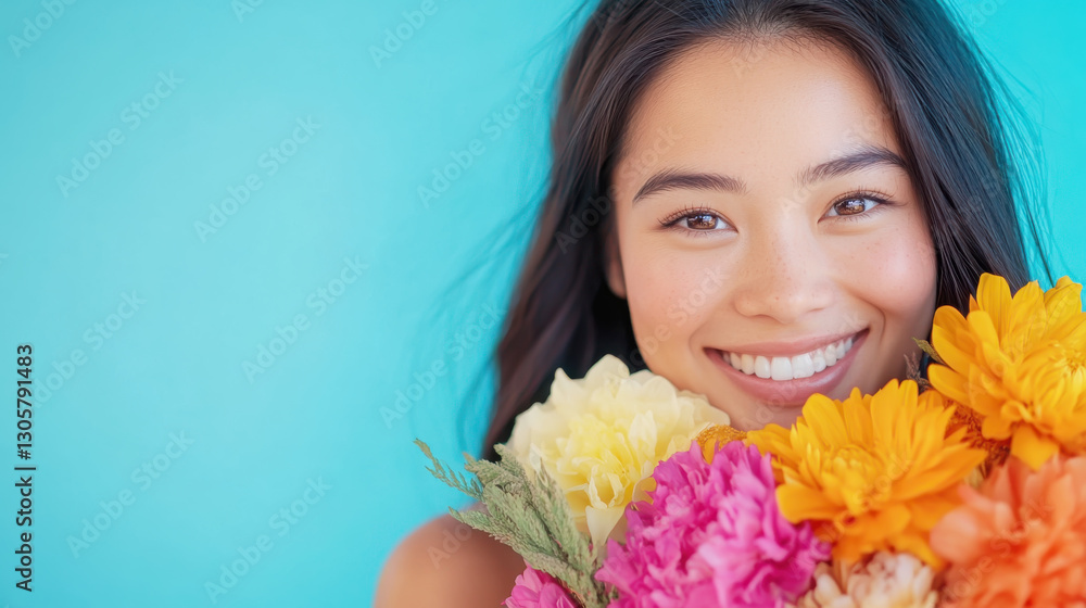 Joyful close-up portrait of a smiling woman with colorful flowers, perfect for spring celebration design Joyful close-up portrait of a smiling woman with colorful flowers, perfect for spring celebration design