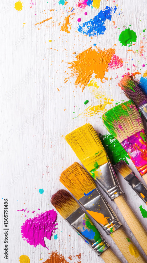 Fototapeta premium Colorful paintbrushes with vibrant paint splatters on white background for artistic design