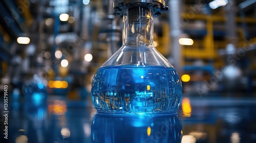 Blue liquid in laboratory flask surrounded by industrial equipment and glowing lights photo