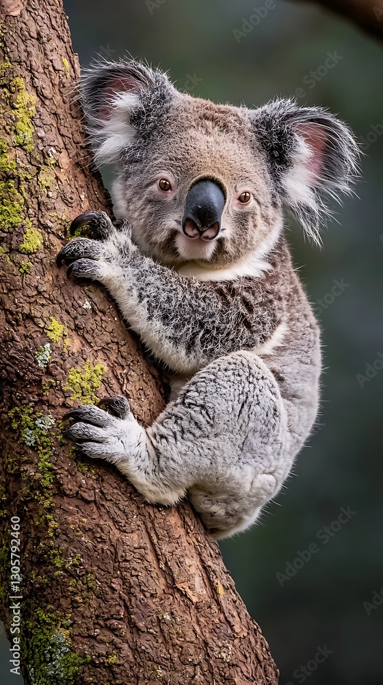 Obraz premium Koala Climbing Mossy Tree Branch