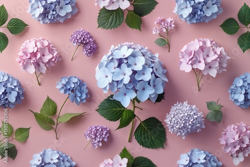 Hydrangea Flower Pattern on a Pastel Pink Background: Floral Composition for Spring and Summer Decor