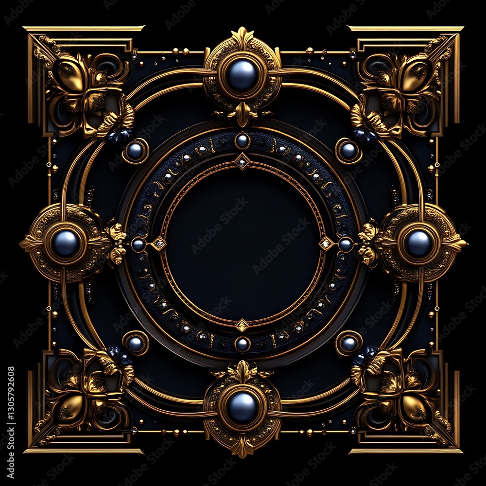 Fototapeta premium Ornate gold frame with dark blue center, decorative elements, empty space, graphic design