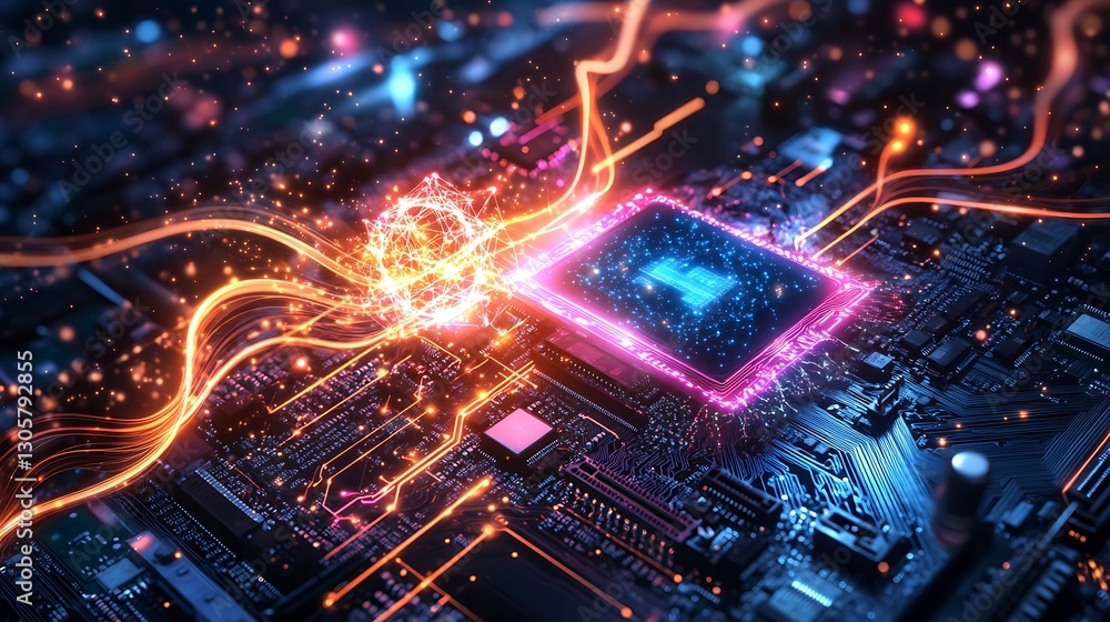 Classical CPU intersecting with a glowing quantum circuit swirling entangled lines symbolizing a unified realm abstract cosmic vibe Classical CPU intersecting with a glowing quantum circuit swirling entangled lines symbolizing a unified realm abstract cosmic vibe