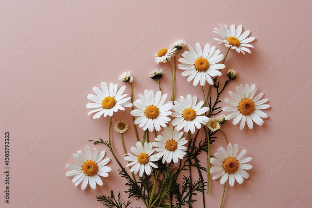 Obraz premium Minimalist Floral Design White Daisy and Chamomile Flowers on Soft Pink Background