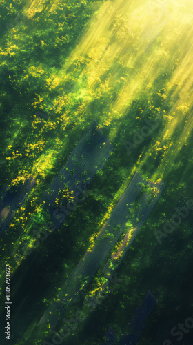 Golden sunbeams filtering through a vibrant green forest canopy, creating a mesmerizing play of light and shadow