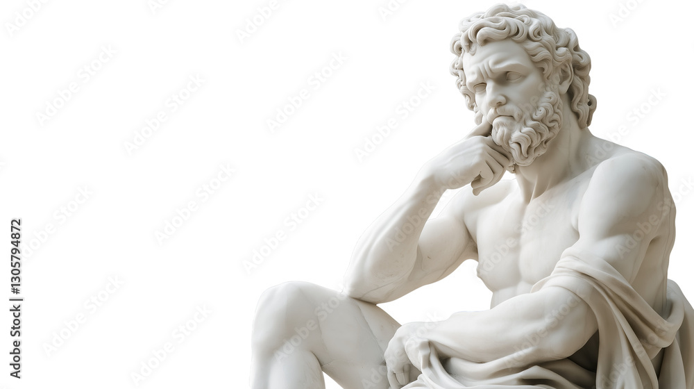 A Marble Statue of a Thoughtful Greek Man Seated , Isolated on Transparent Background A Marble Statue of a Thoughtful Greek Man Seated , Isolated on Transparent Background