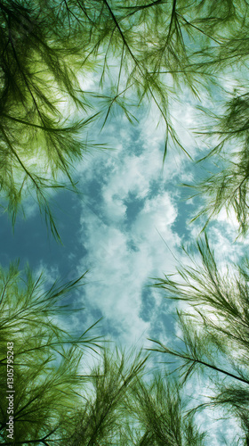 Gazing up at a vibrant blue sky filled with fluffy clouds, framed by the lush green leaves and branches of a thriving tree