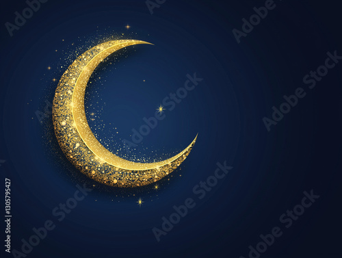 Golden Crescent Moon Eid Mubarak: Elegant Dark Blue Festive Background for Islamic Celebrations Sky 