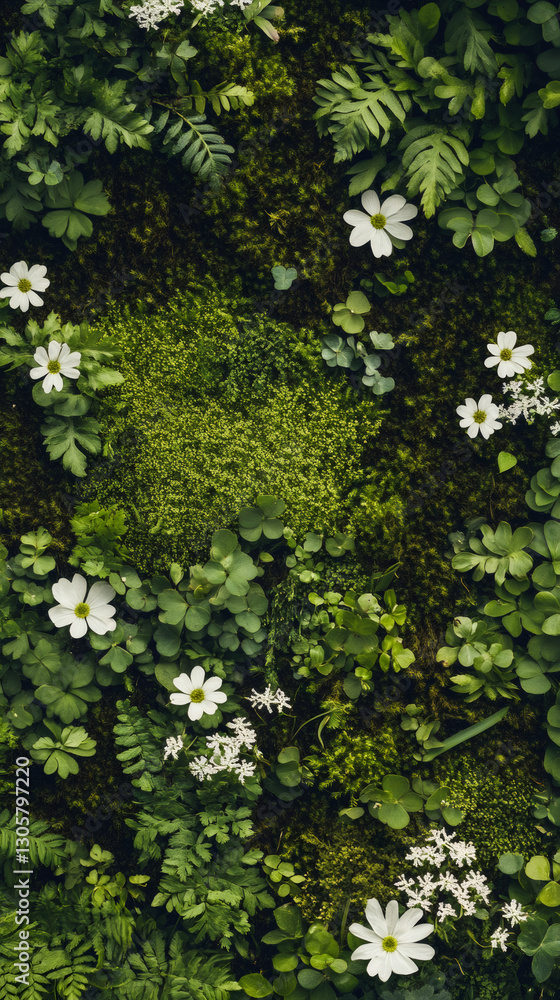 White flowers growing on a vertical surface covered by green moss, fern and clover creating a natural background White flowers growing on a vertical surface covered by green moss, fern and clover creating a natural background