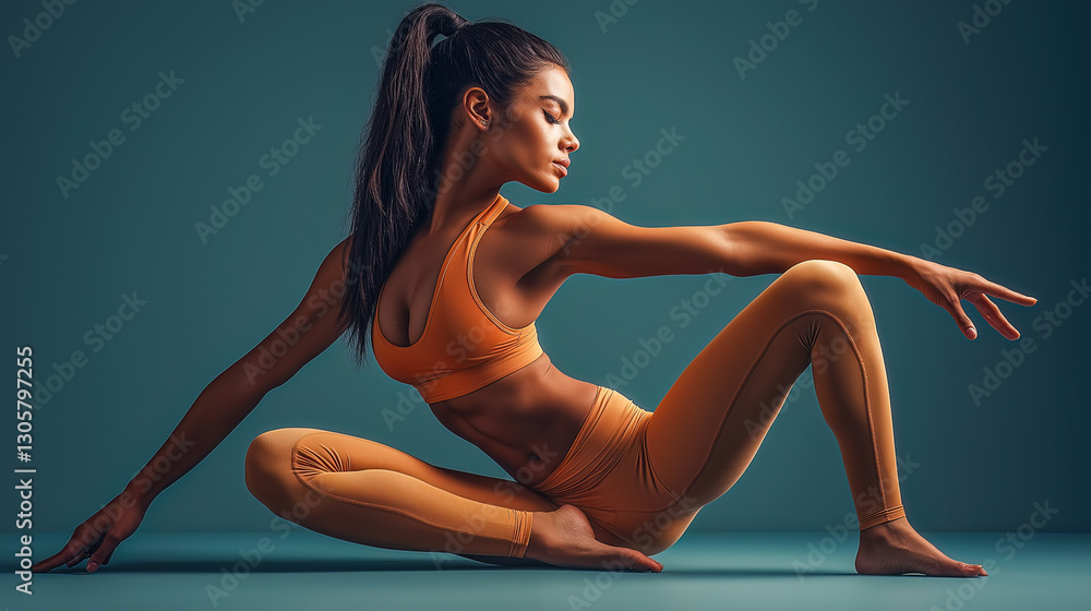 A flexible woman in form-fitting workout gear holds a perfect yoga pose with strength and control. Her movement captures a blend of power, grace, and concentration.