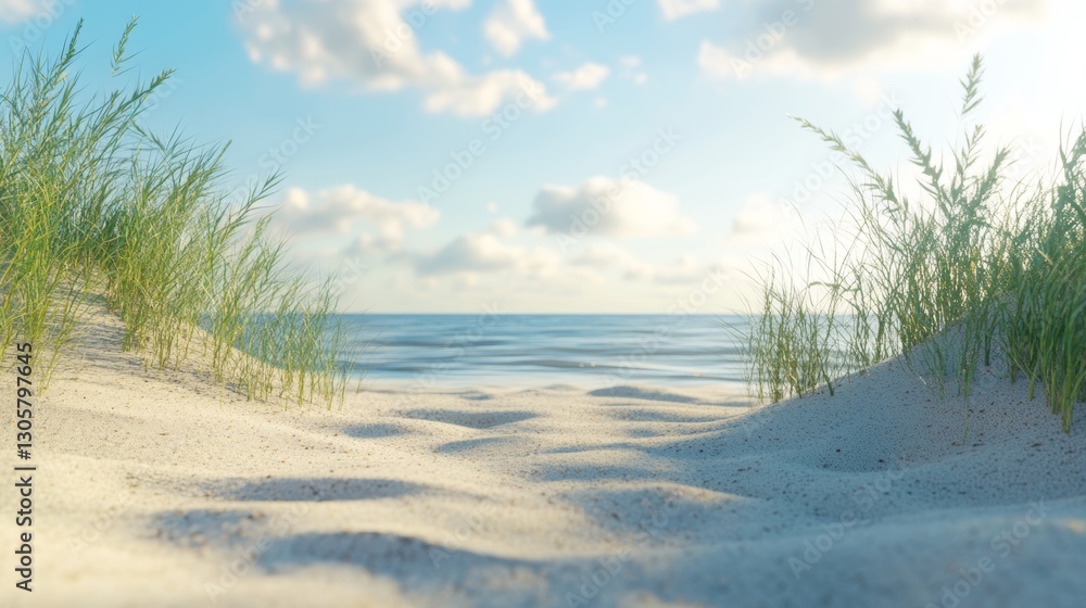 Calm and serene view of an empty beach with soft sand and gentle waves during a bright sunny day Calm and serene view of an empty beach with soft sand and gentle waves during a bright sunny day