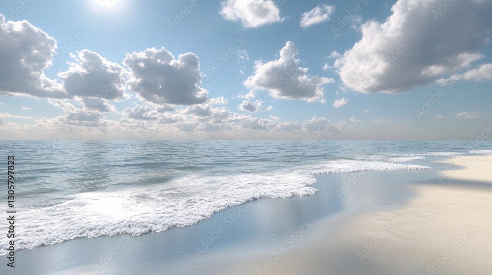 Empty beach with soft sand and calm sea under a clear sky featuring fluffy clouds