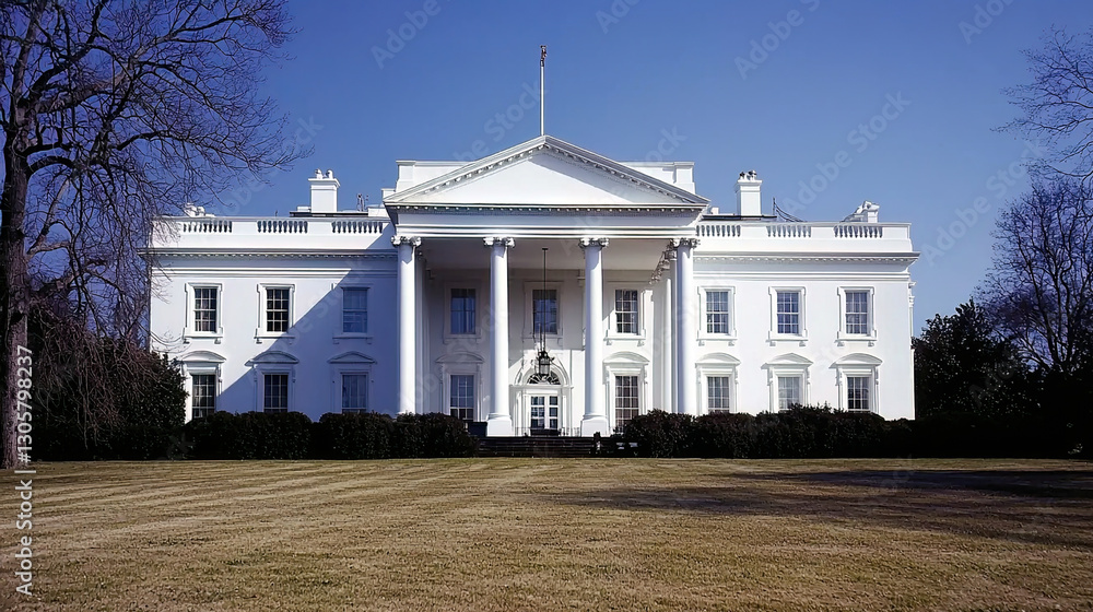 The White House, the President’s residence and workplace, is shown with its neoclassical architecture and well-maintained lawn, set in Washington D.C. amidst a clear sky.