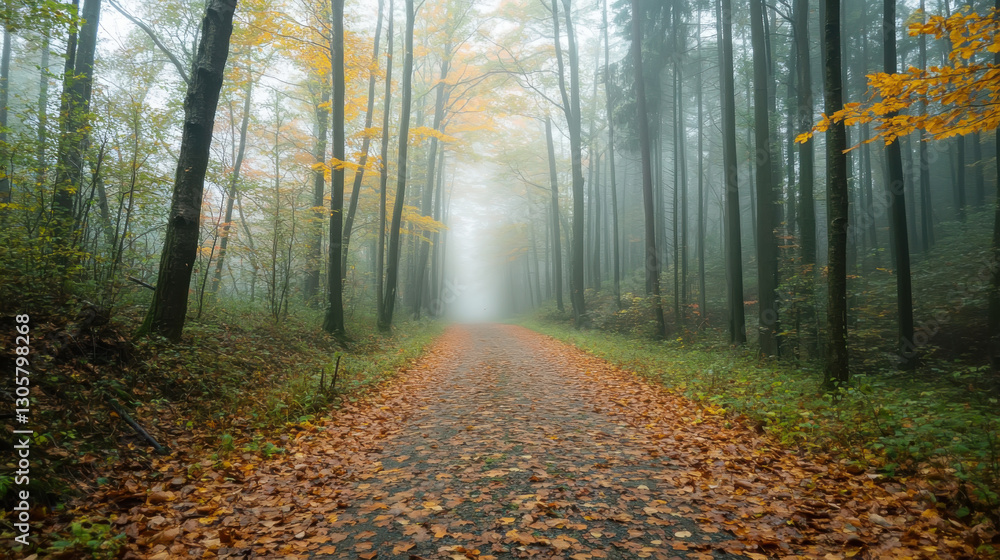 Obraz premium Enchanting misty forest path with autumn leaves for serene nature design