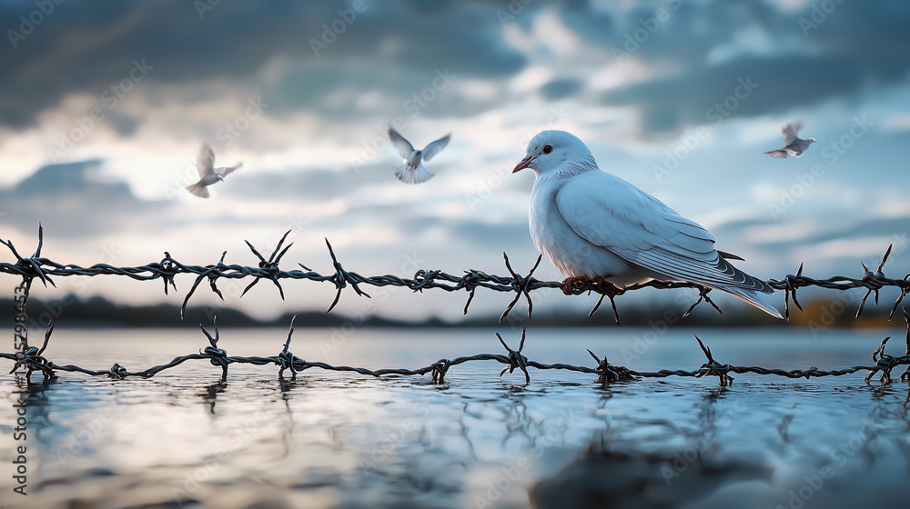 A white bird perches on barbed wire over water, with three other birds flying in the background against a cloudy sky. The contrast between the delicate bird and harsh wire is striking.