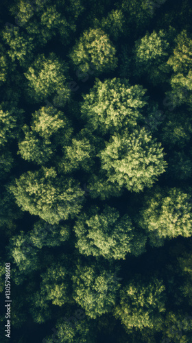 Aerial view of a dense forest canopy creating a stunning natural pattern with varying shades of green