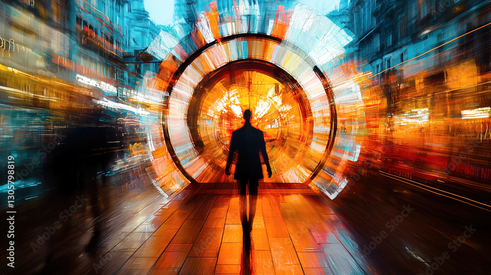 Silhouette of person walking into a glowing portal tunnel with radial light effects. futuristic elements against a teal urban backdrop, creating a dreamlike passage to another dimension.