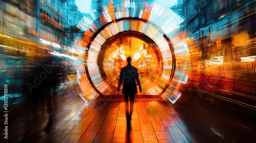 Obraz na płótnie Silhouette of person walking into a glowing portal tunnel with radial light effects. futuristic elements against a teal urban backdrop, creating a dreamlike passage to another dimension. w salonie