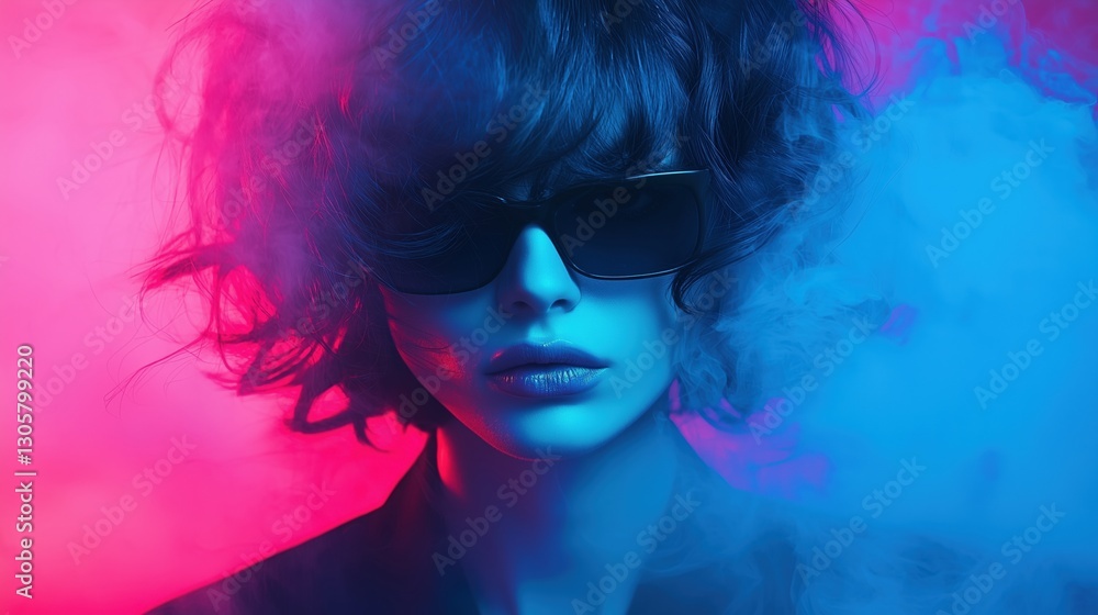 Fototapeta premium A fashionable woman with curly hair wearing sunglasses, surrounded by colorful smoke.
