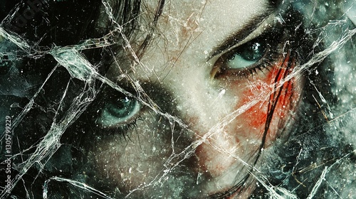 A close-up of a woman's face with striking blue eyes, partially obscured by shattered glass.
