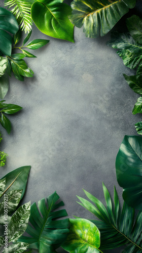 Variety of fresh tropical leaves making a frame on a gray textured background, providing copy space for nature-themed designs