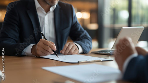 Corporate Lawyer Reviewing Contracts in Modern Meeting Room