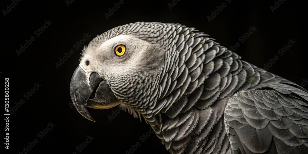 Obraz premium Tilt-Shift Parrot Portrait: Close-Up African Grey Feather Detail, Dark Background