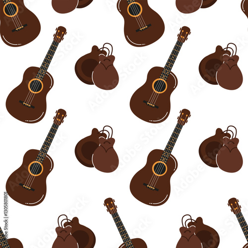Pattern featuring acoustic guitars and musical instruments on white background