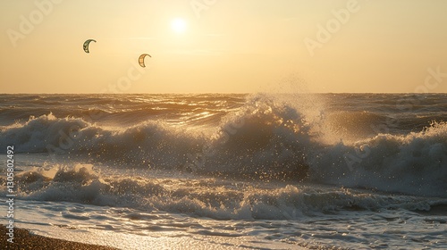 Sunrise kitesurfing waves, golden beach