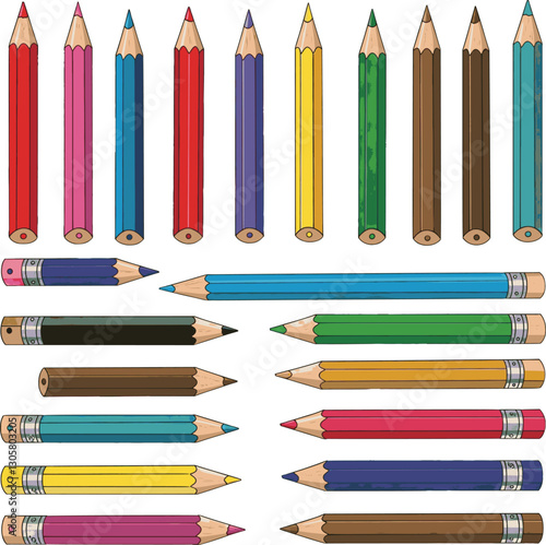 A set of vibrant colored pencils in different lengths and designs, arranged on a black background. Ideal for art, school, or creativity themes.
