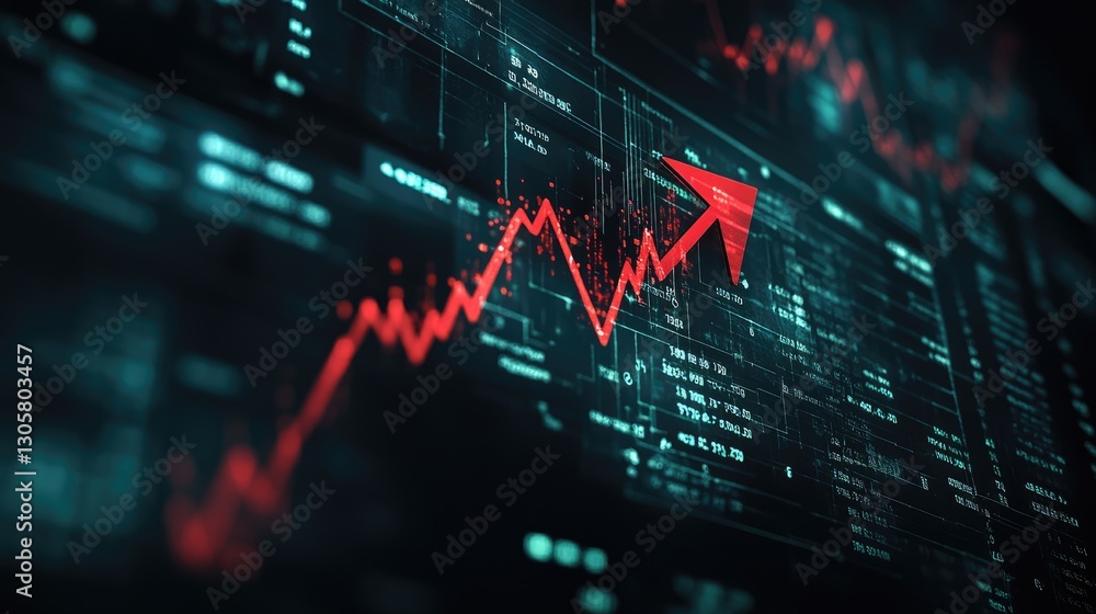 Corporate finance report visualized with digital analytics, a histogram, and a bold red success arrow.