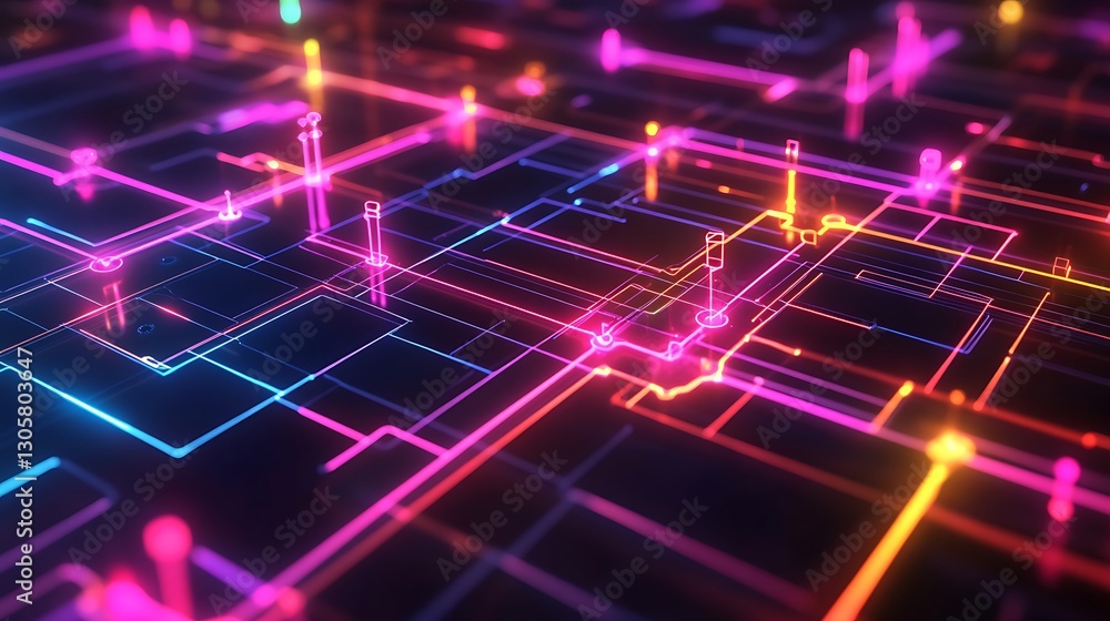 Quantum circuit diagram solving linear systems highlighted nodes reflecting the HHL algorithms steps vibrant neon lines Quantum circuit diagram solving linear systems highlighted nodes reflecting the HHL algorithms steps vibrant neon lines