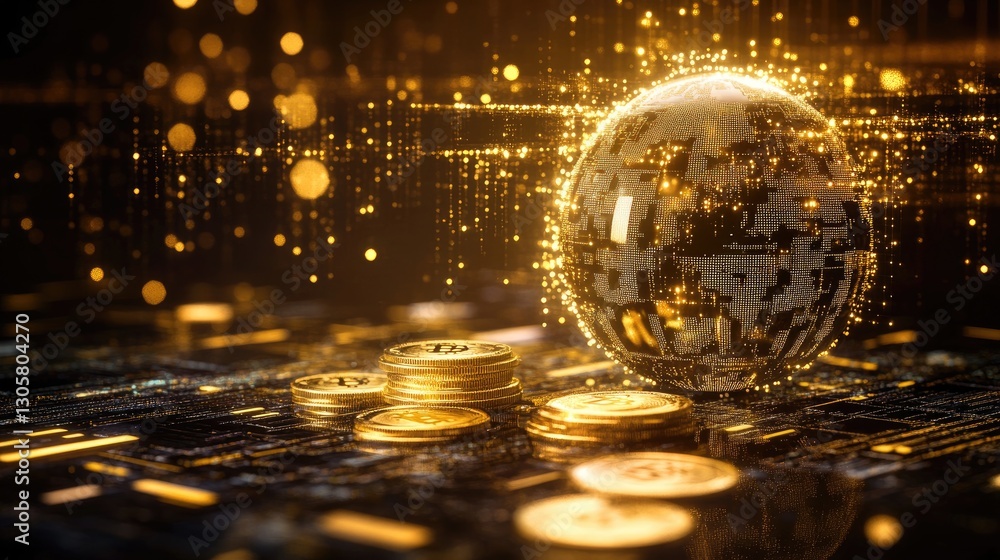 Digital banking evolution represented by a futuristic globe, blockchain transactions, and gold coins. Digital banking evolution represented by a futuristic globe, blockchain transactions, and gold coins.
