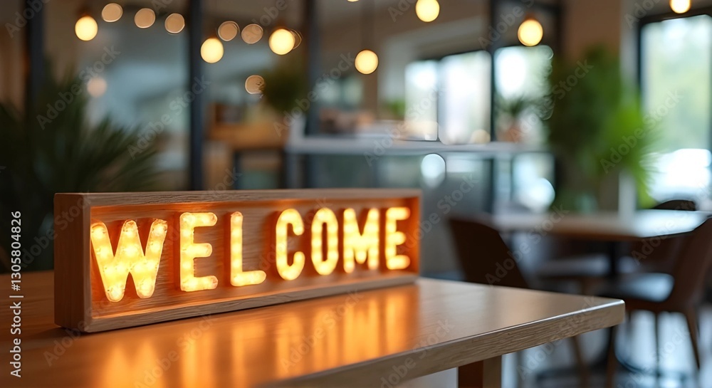 Illuminated 'WELCOME' Sign Creating a Cozy and Inviting Atmosphere in a Modern Space Illuminated 'WELCOME' Sign Creating a Cozy and Inviting Atmosphere in a Modern Space