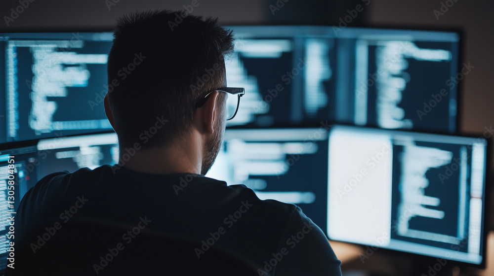 Hacker in a Dark Room Analyzing Encrypted Data and Threat Warnings Hacker in a Dark Room Analyzing Encrypted Data and Threat Warnings
