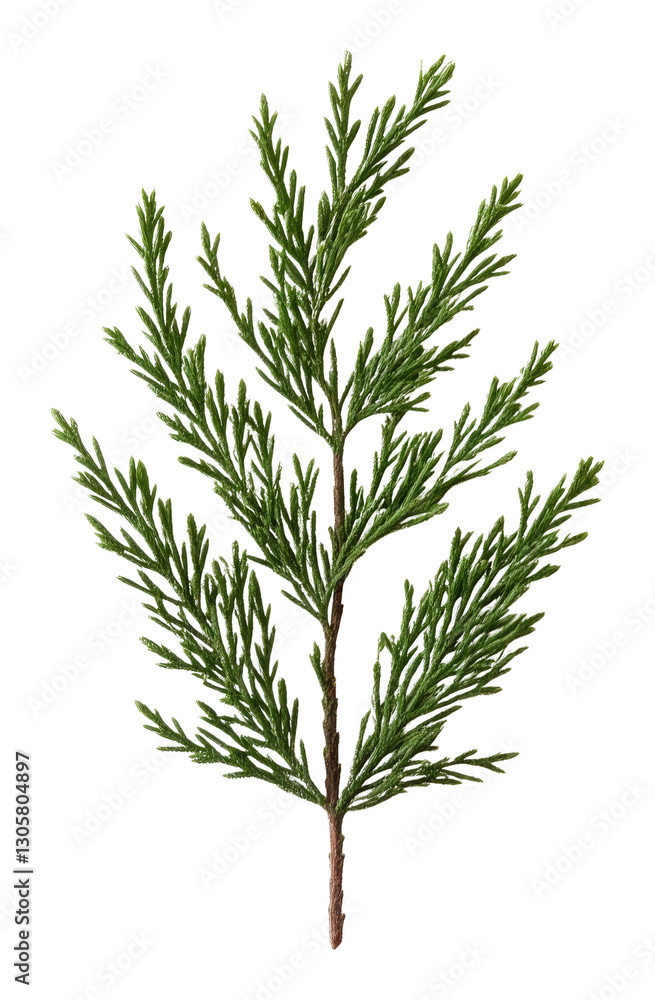 Fototapeta premium Green juniper branch on transparent background, sharp detail. Nature and botany imagery