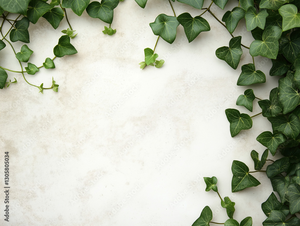 Fototapeta premium Serene Hanging Ivy Frame: Elegant, Light Background for Design Projects, perfect for invitations,