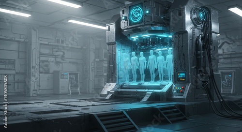 Futuristic sci-fi laboratory with human cloning chamber. Glowing blue hologram of bodies in stasis pods. Advanced technology concept for genetic engineering and artificial life creation.