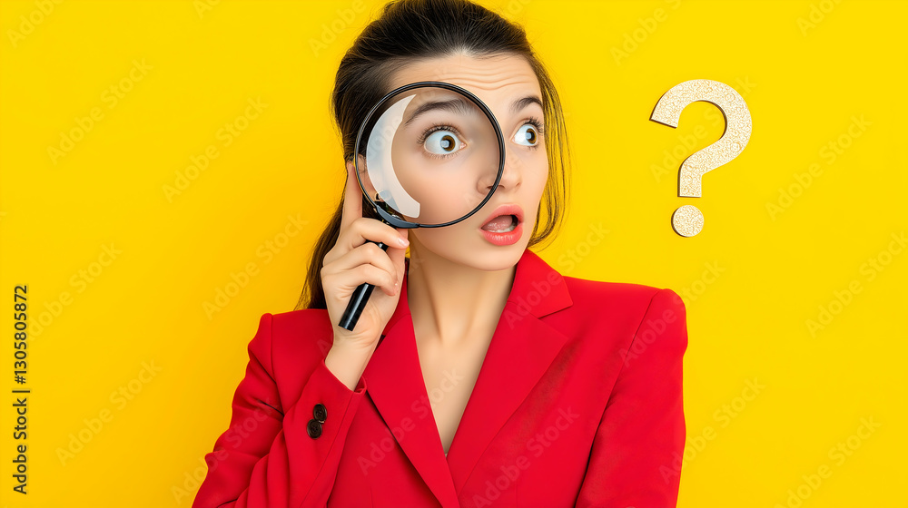 A woman in a red blazer examines something with a magnifying glass against a bright yellow background, appearing curious or puzzled. A woman in a red blazer examines something with a magnifying glass against a bright yellow background, appearing curious or puzzled.