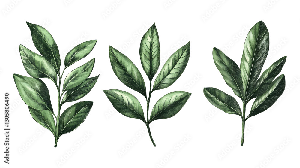 Naklejka premium Three green leaves are drawn in a row