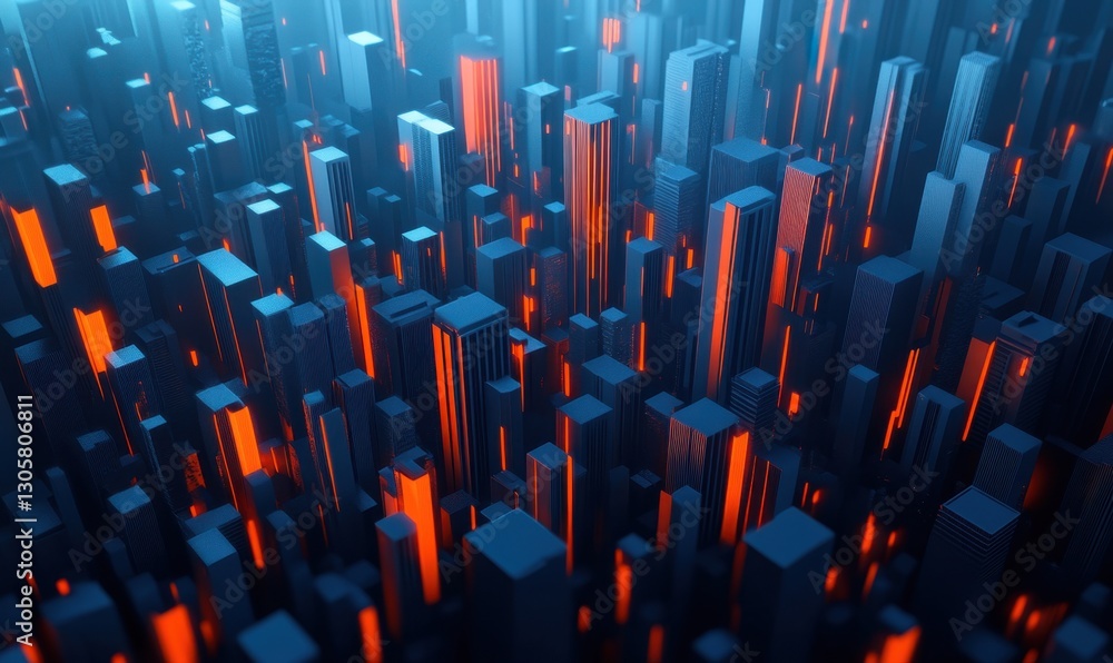 Obraz premium Abstract 3D city with glowing skyscrapers at night, digital background