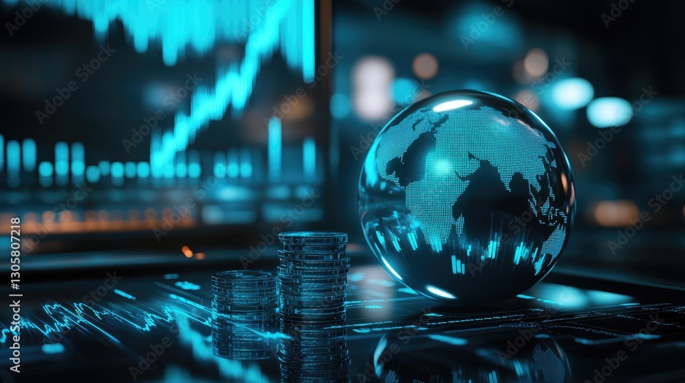 Fototapeta premium Futuristic finance theme with a metallic globe, blue stock market graphs, and digital coin stacks.