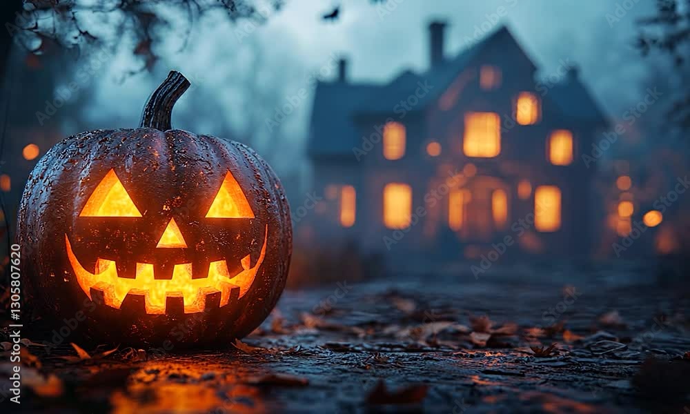 A glowing jack-o'-lantern sits in a dark forest with a haunted house in the background on Halloween. A glowing jack-o'-lantern sits in a dark forest with a haunted house in the background on Halloween.