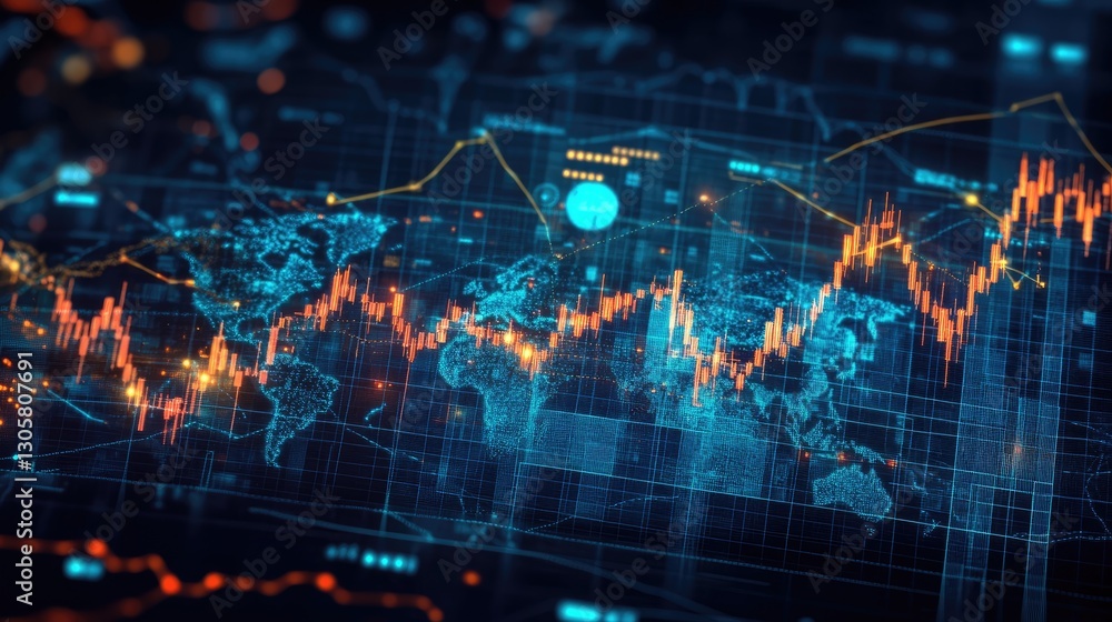 Global economy expansion visualization with digital trading elements and a bright financial arrow. Global economy expansion visualization with digital trading elements and a bright financial arrow.