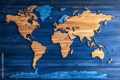 Detailed wooden world map creation on a nautical themed wood grain finish photo