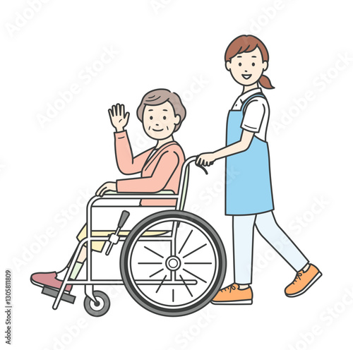 車椅子の高齢女性と介助ををする若い女性介護士の全身イラスト