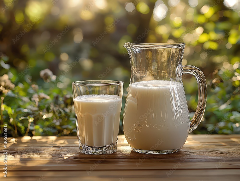 Professional photo of milk in glass and jug, soft shadows