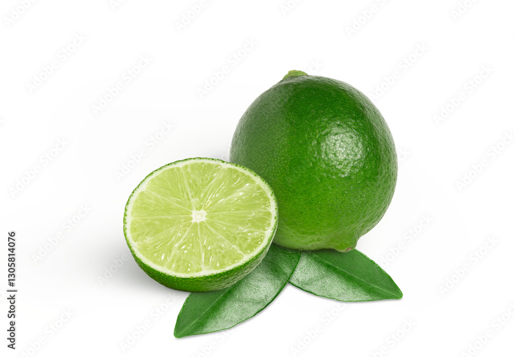 Natural fresh lime with cut in half and leaves isolated Natural fresh lime with cut in half and leaves isolated